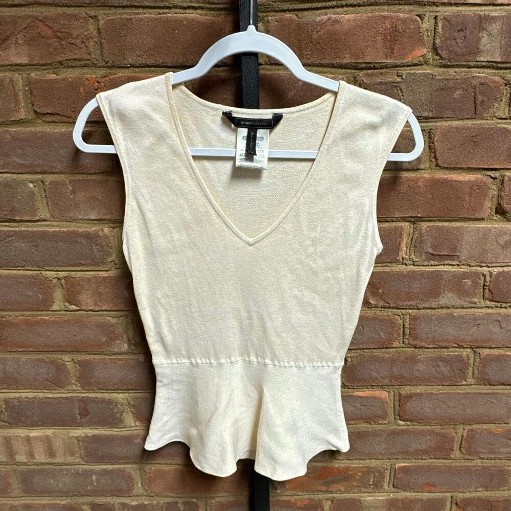 BCBG Max Azria Womens Cream Peplum Sleeveless Top Size XS